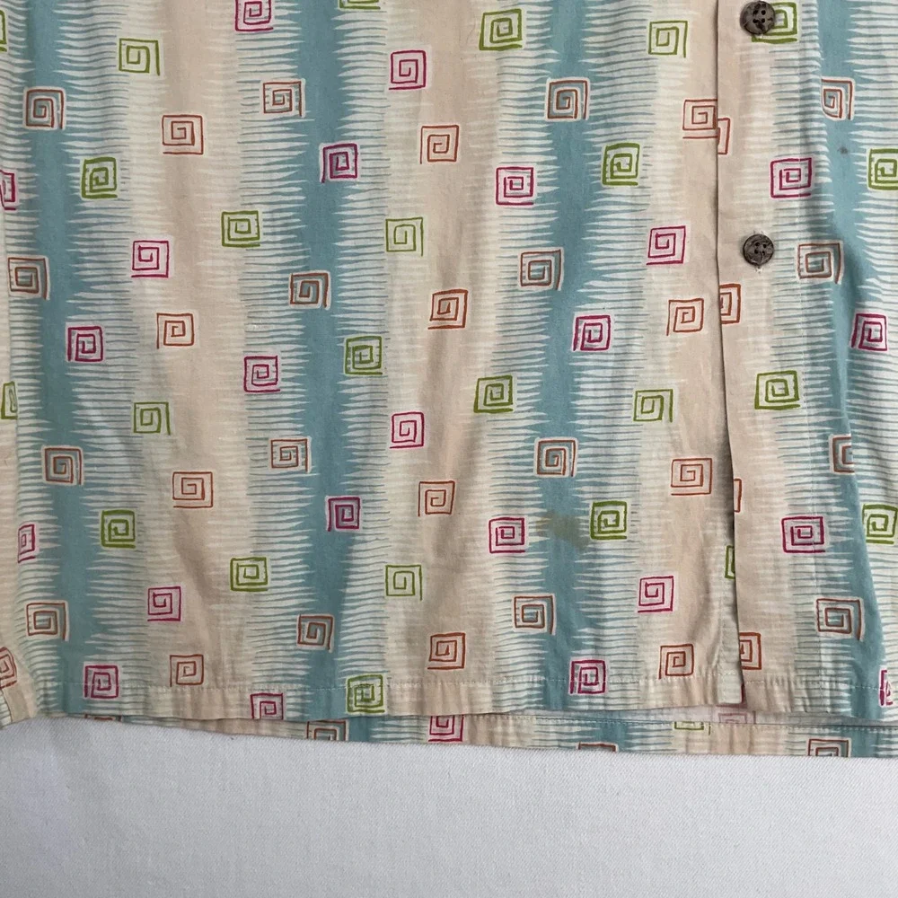 Moda Campia Moda Mens XL Cotton Button Down Shirt Geometric Spiral Ikat Teal Tan - Picture 6 of 9